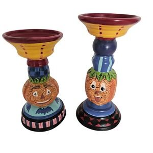 Whimsical Halloween Pumpkin Pillar Candle Holder Set of 2 Anthropomorphic Decor